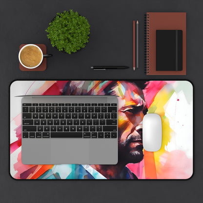 "Neon Hugh Jackman watercolor desk mat for vibrant workspace decor"