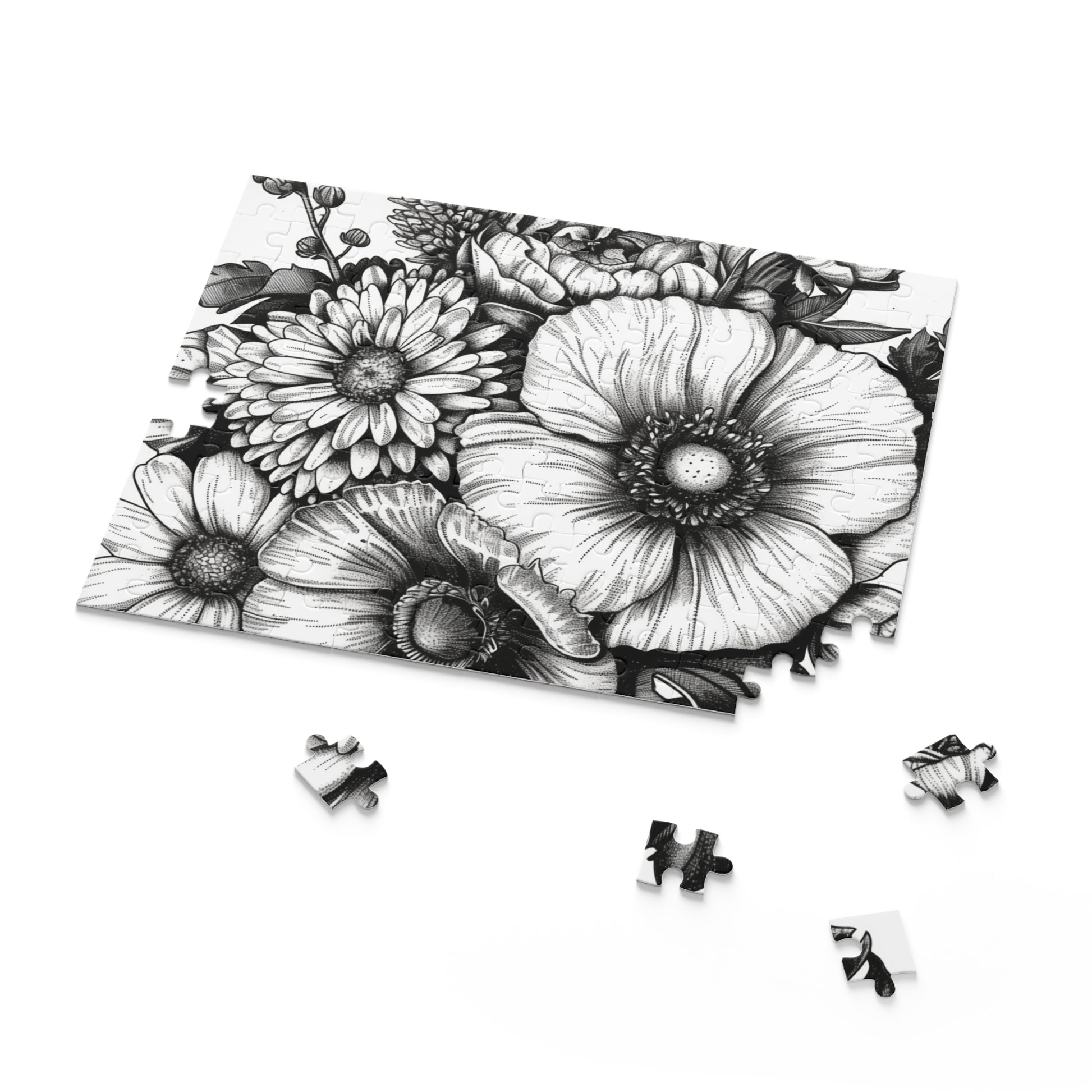 "Floral Bliss Jigsaw Puzzle - Hand-drawn flowers in vibrant colors for relaxing fun"