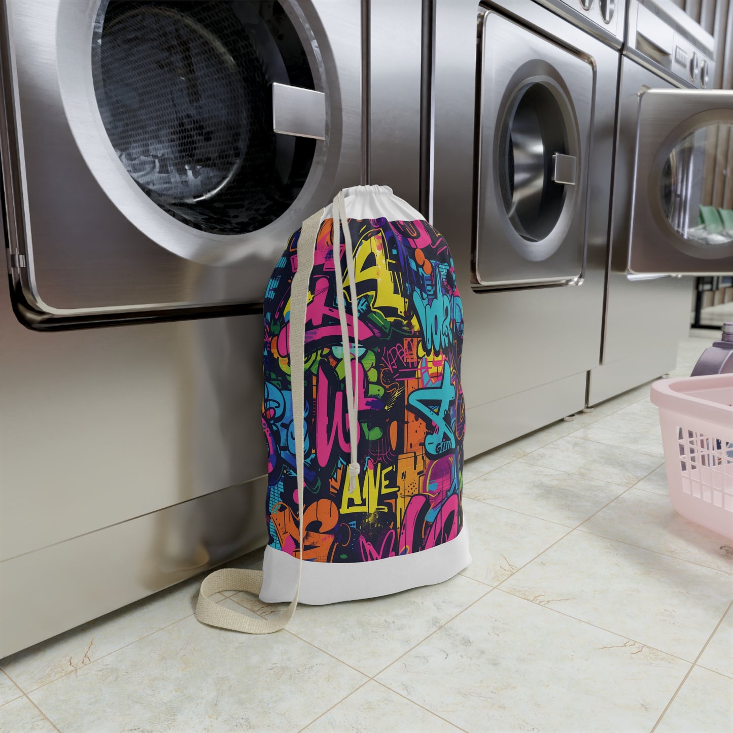 Vibrant Neon Graffiti Laundry Bag - Stylish urban design, bright colors, seamless pattern, statement piece for any space.