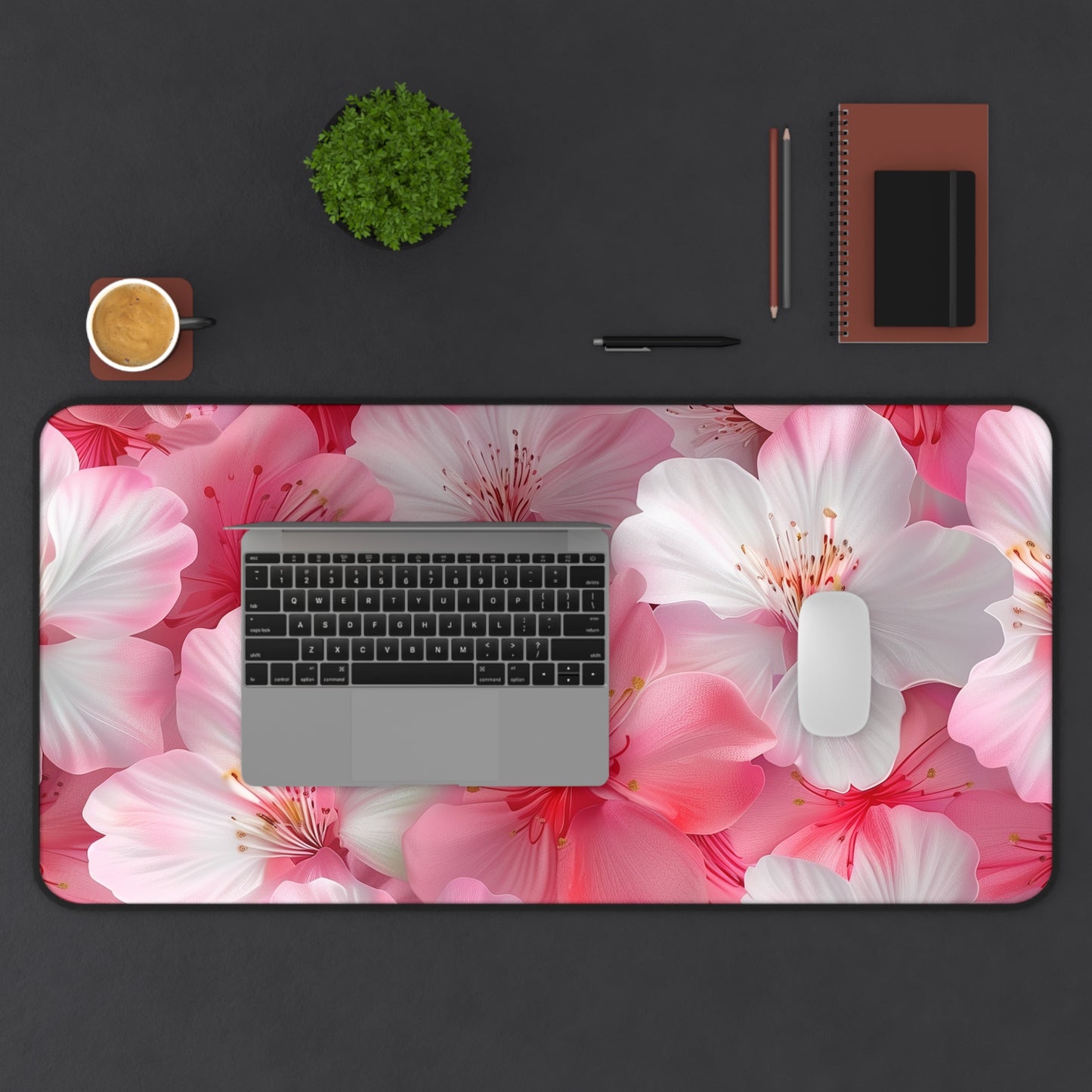 "Cherry Blossom Desk Mat - Elegant pink and white seamless pattern for workspace transformation"