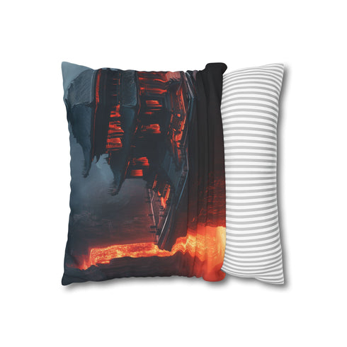 Levitating Temple Above Lava River — 40×40 Cushion Cover — Soft Brushed Fabric Texture Close-Up