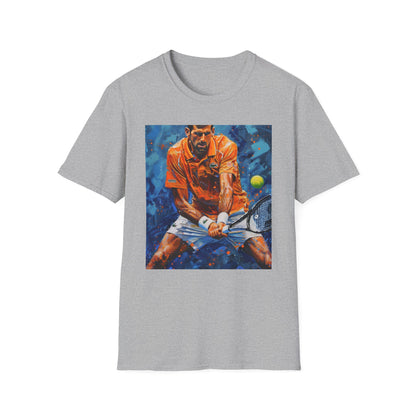 "Djokovic Painting T-shirt - Ace of the Court: The Unrivaled Mastery of Djokovic - Vibrant tee showcasing portrait of legendary tennis player with precise serve and agile footwork"