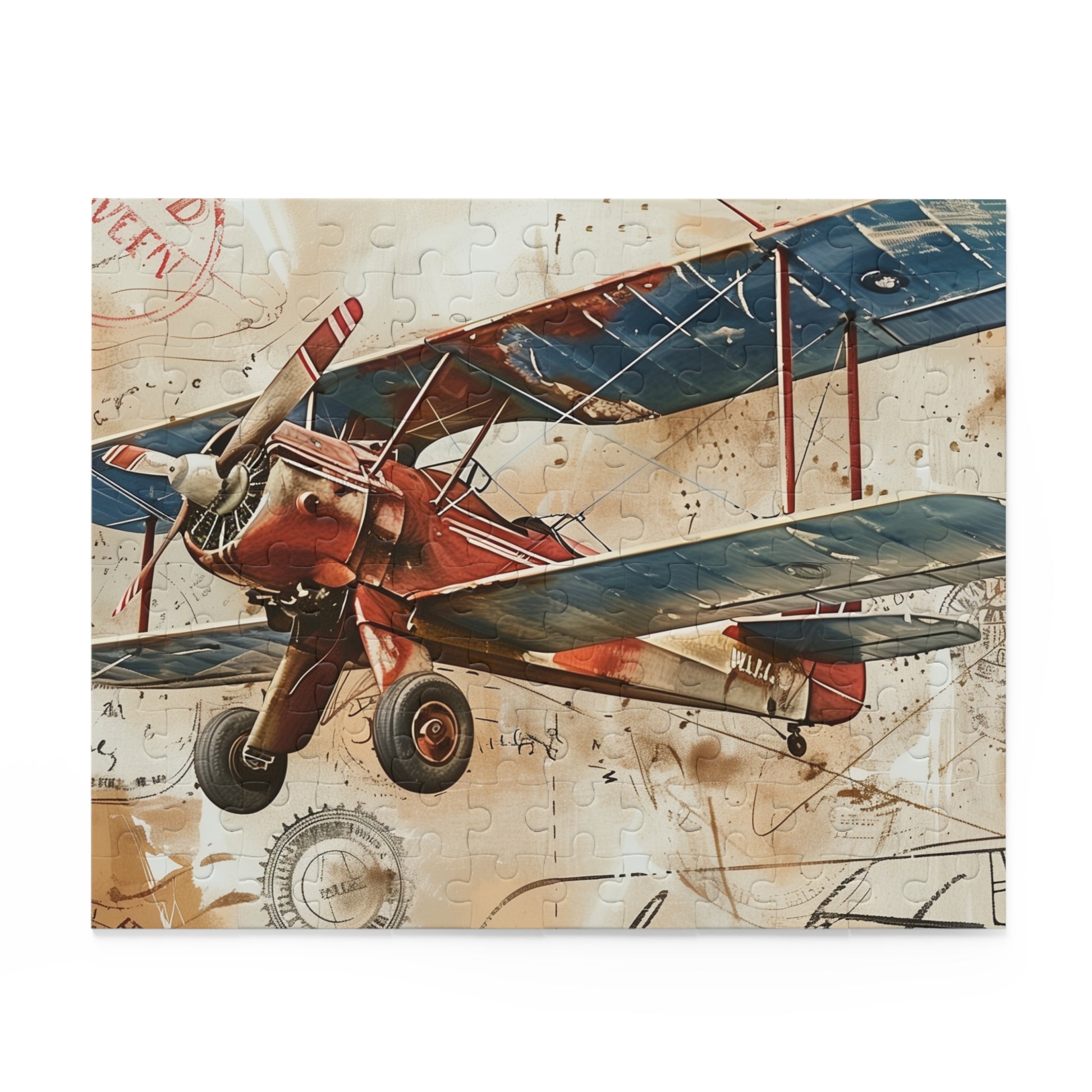 Vintage Airplane Travel Stamp Puzzle - Colorful nostalgia in a jigsaw, perfect for aviation enthusiasts and travel lovers. Let your imagination take flight.