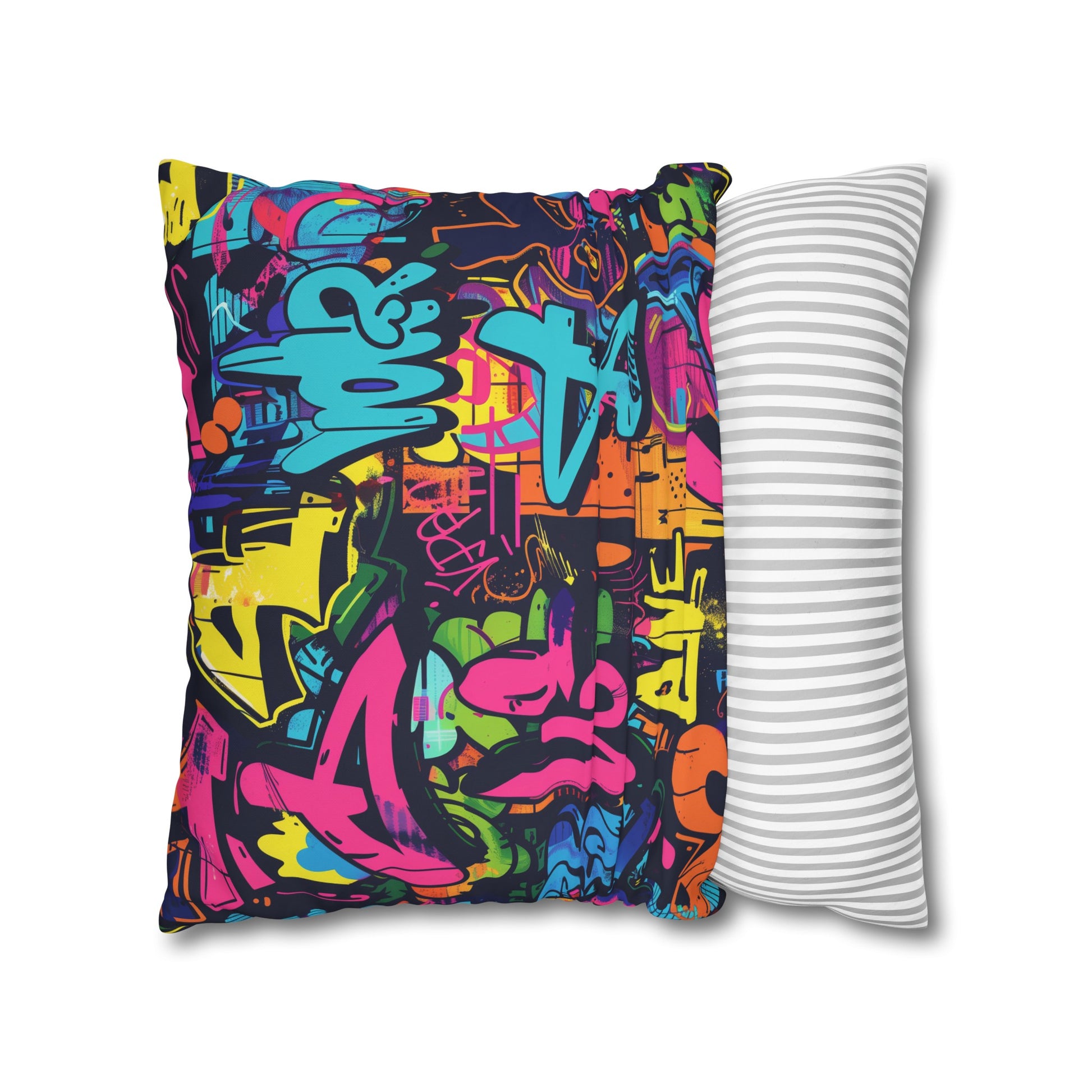 Neon Graffiti Pillow Case - Bold and Vibrant Urban Graffiti design in bright neon colors, adding pop of urban style to bedroom decor.