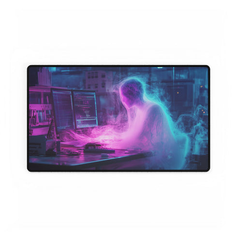 Cyberpunk Data Ghost in Abandoned Lab — XL & XXL Desk Mat — Gaming & Workspace Desk Setup View
