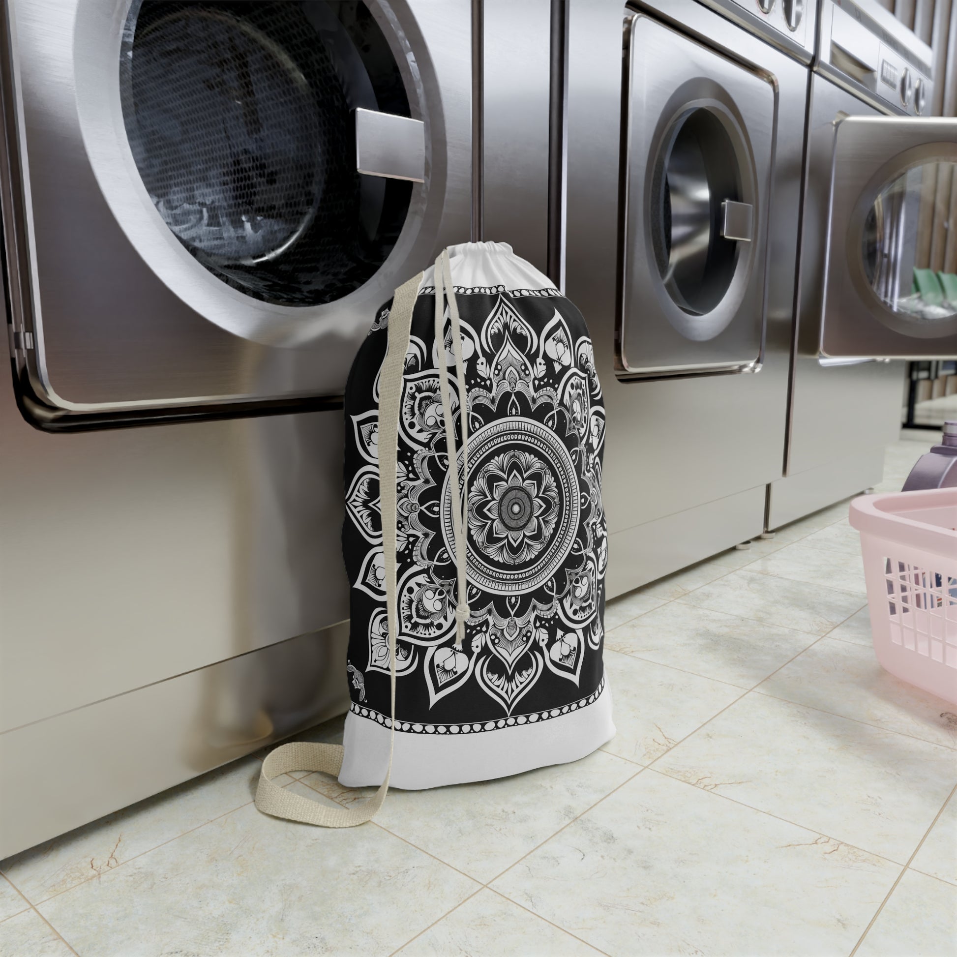 "Elevate laundry routine with Zen Mandala Laundry Bag - durable material with beautiful mandala pattern adding style and functionality"