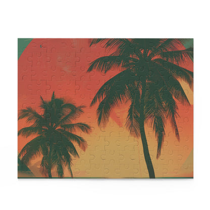 "Retro Sunset Palms Jigsaw Puzzle - Vibrant, nostalgic design of sunset over palm trees for relaxation and mindfulness"