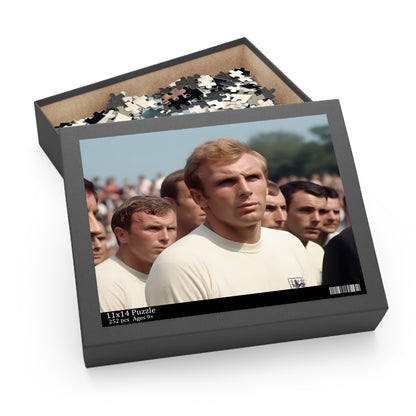 "Bobby Moore World Cup Puzzle - Historical 1966 victory scene with England's legend lifting trophy"