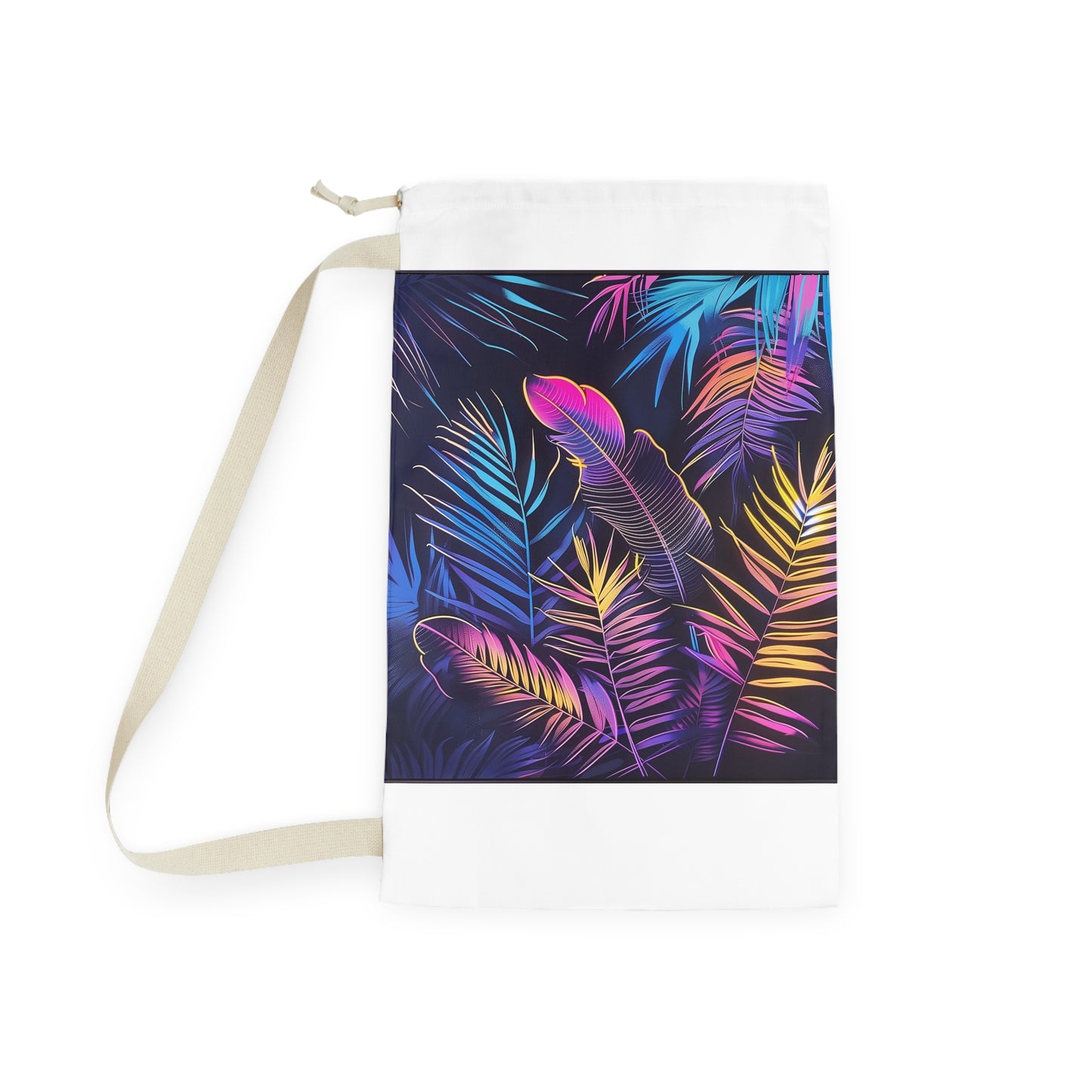 "Neon Tropical Paradise Laundry Bag - Vibrant palm tree and leaf print for stylish laundry organization"