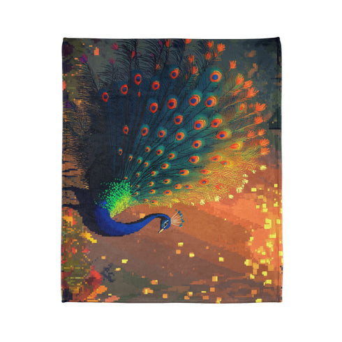 Ghost Peacock in Pixel Forest — Plush Fleece Throw Blanket — Product Detail View 7