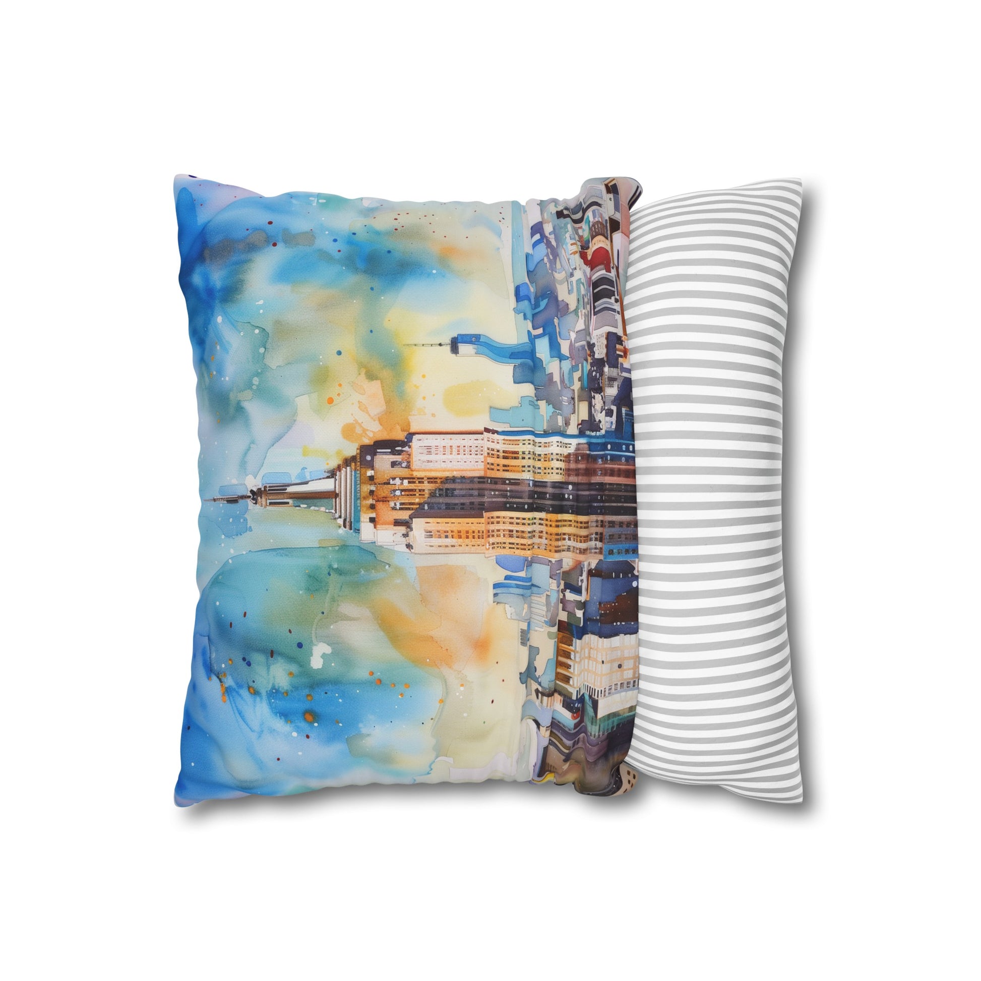 "Empire State Watercolor Dreams Pillowcase: High-quality, comfortable, and stylish NYC-inspired bedding for all seasons. Makes a perfect gift. Shop now!"