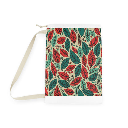 "Modern green and red leaf pattern laundry bag, soft and durable fabric"