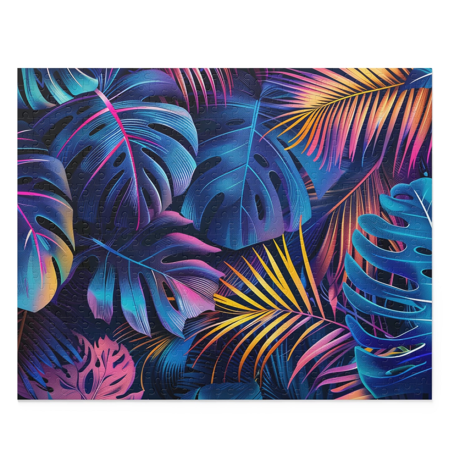 "Neon Jungle Jigsaw Puzzle - Vibrant tropical leaves and palm trees for relaxing fun"