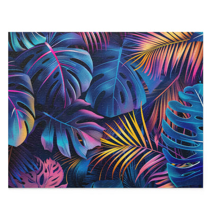 "Neon Jungle Jigsaw Puzzle - Vibrant tropical leaves and palm trees for relaxing fun"