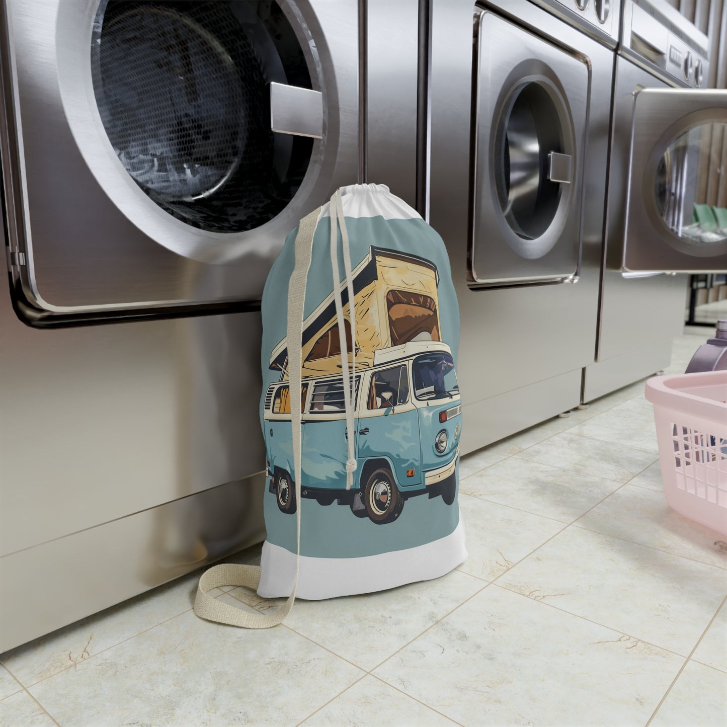 Retro Camper Van Laundry Bag in Light Blue - Add Fun to Laundry Day with Stylish Transport Option