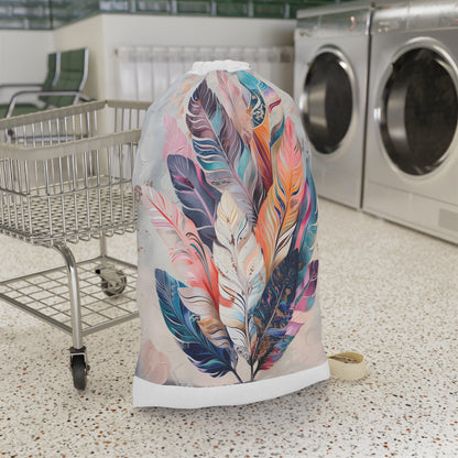 "Boho feather laundry bag with whimsical design, adds charm to laundry room"