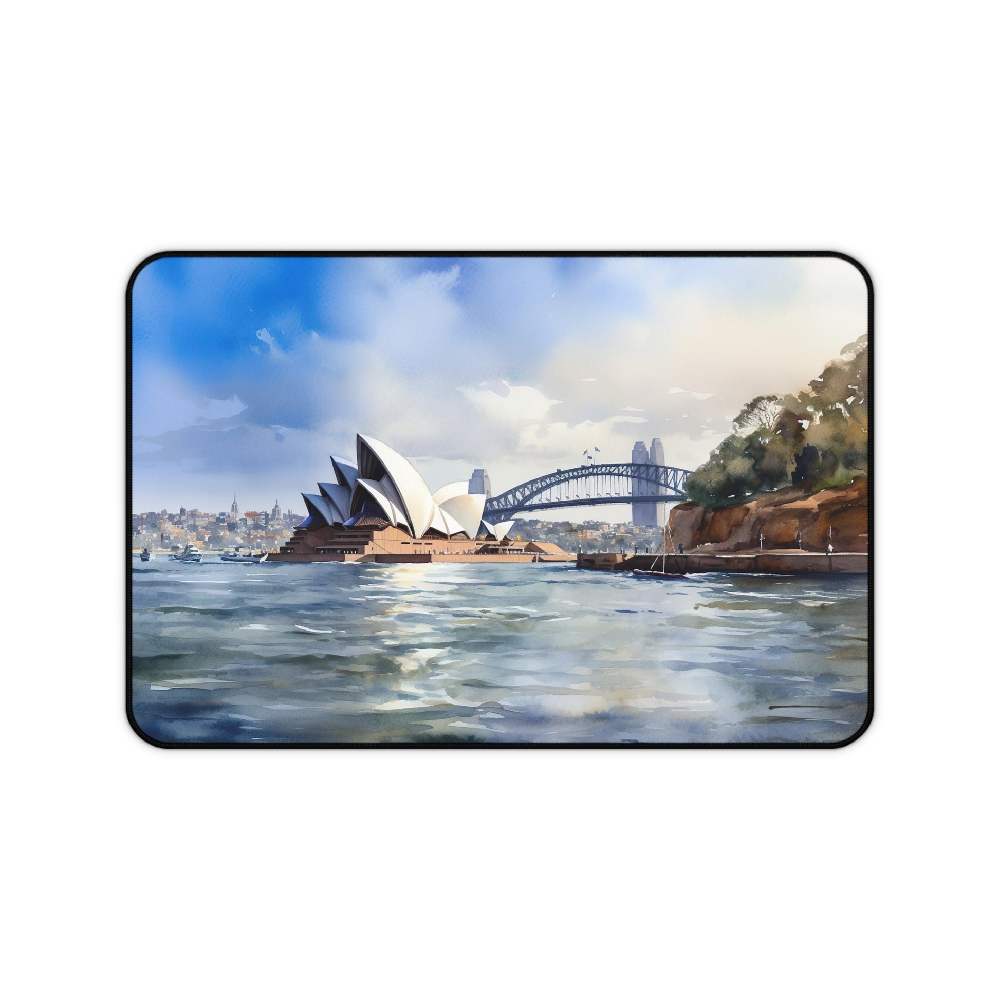 "Bring Sydney to your desk with vibrant skyline desk mat featuring iconic landmarks"