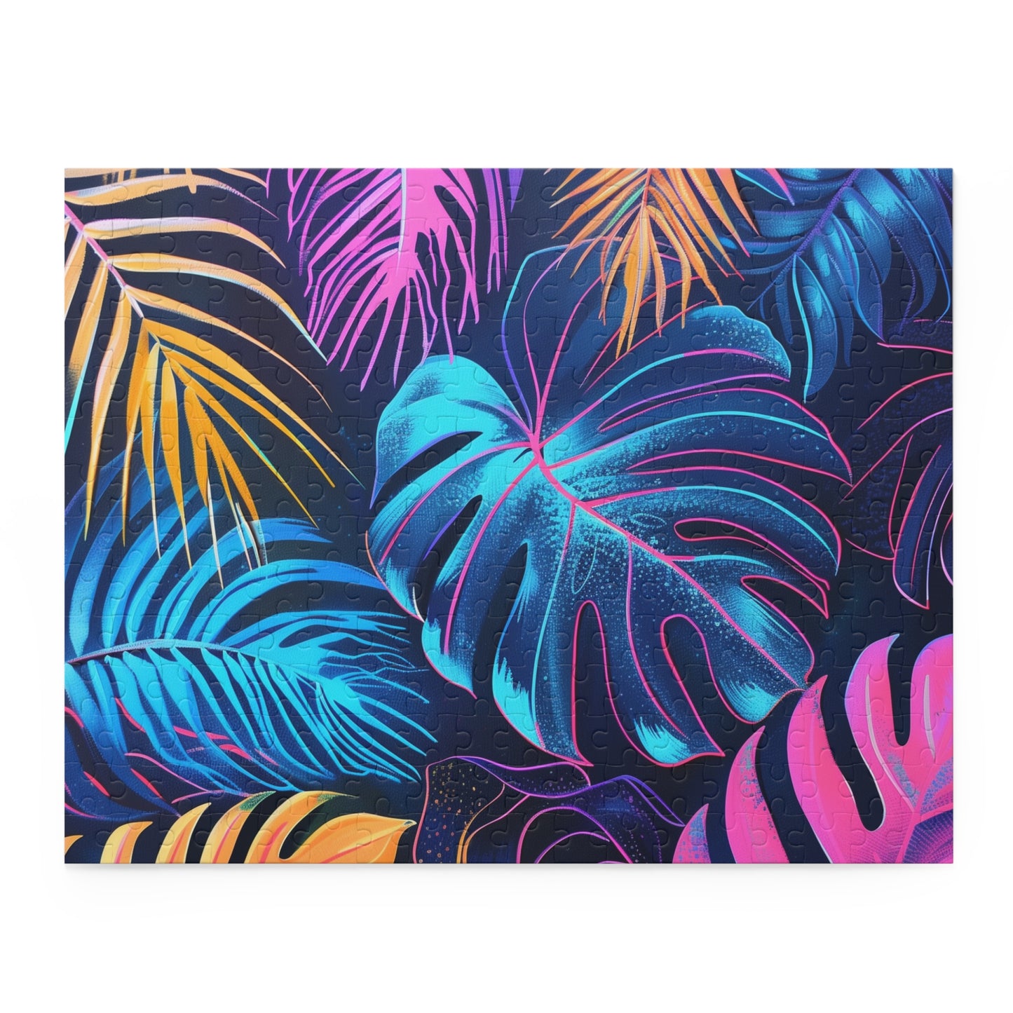 Glowing Tropical Paradise jigsaw puzzle with neon leaves and palm trees for a relaxing evening at home.