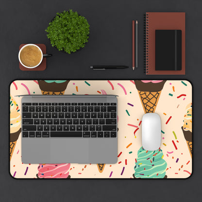 Colorful sprinkle cone desk mat, vibrant ice cream cone pattern, perfect for workspace, ideal for ice cream lovers