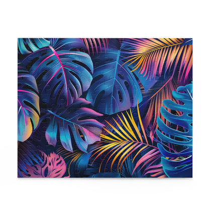 Neon Jungle Jigsaw Puzzle - Relaxing tropical escape with vibrant neon leaves and palm trees