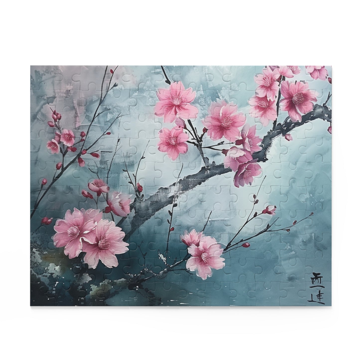 Vibrant pink cherry blossom jigsaw puzzle against serene Japanese landscapes