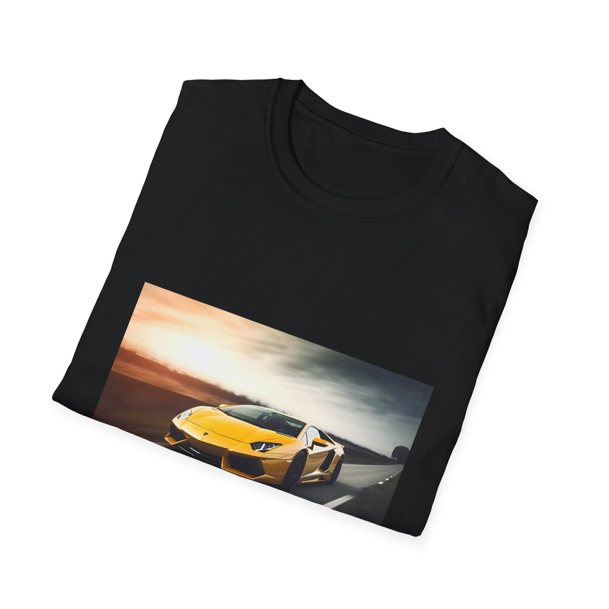 "Adrenaline Rush on Four Wheels T-shirt featuring a vibrant Lamborghini mid-race design embodying speed and power"