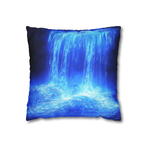 Frozen Waterfall Glowing with Blue Fire — 40×40 Cushion Cover — Front 40×40 cm Square Cushion View