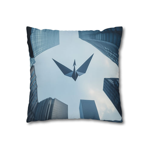 Paper Crane Soaring Above Skyscrapers — 40×40 Cushion Cover — Double-Sided Back & Concealed Zip Detail