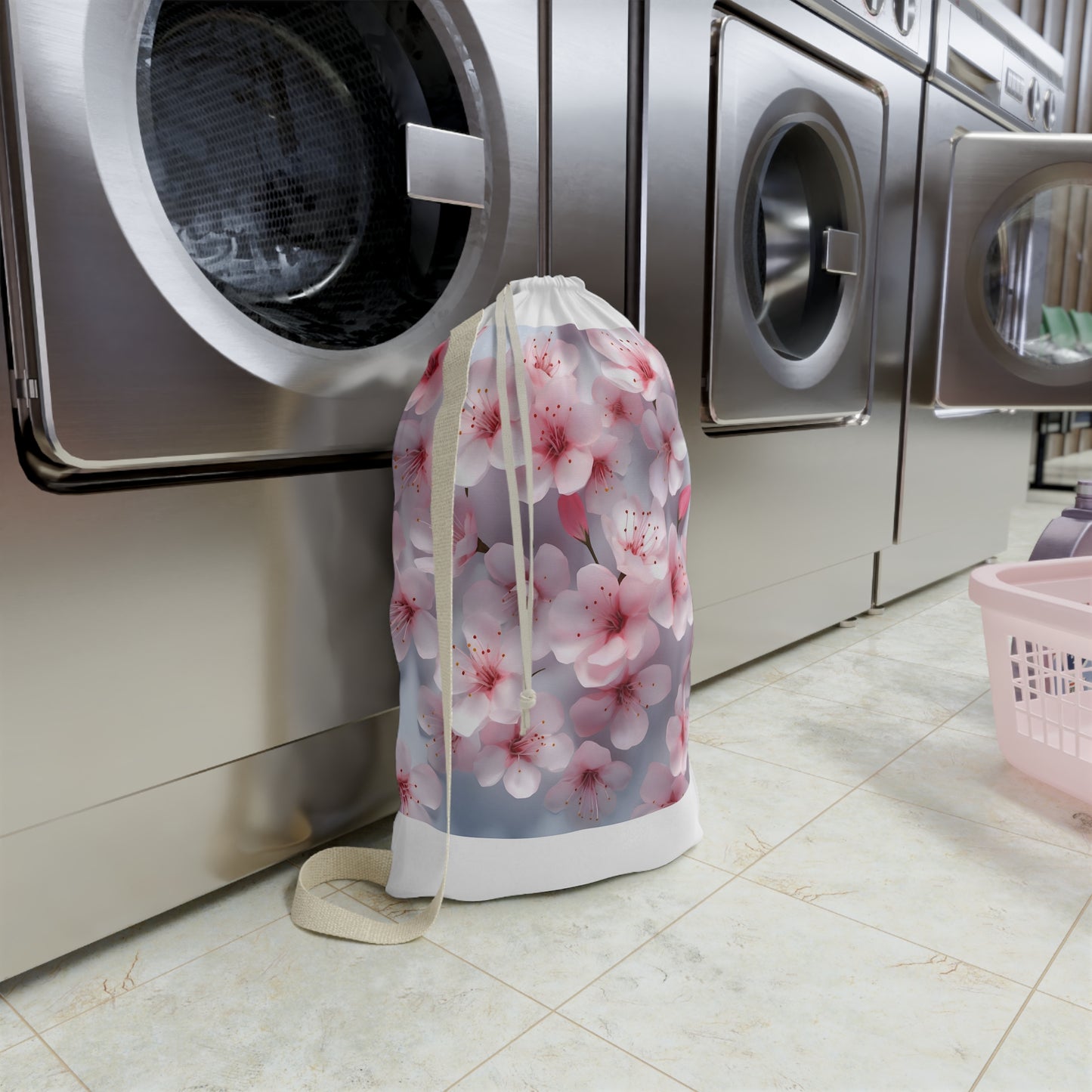 "Cherry Blossom Pattern Laundry Bag - 3D cherry design for stylish laundry organization"