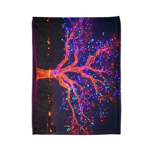 Electric Tree Rooted in the Sky — Plush Fleece Throw Blanket — Folded Plush Blanket Detail
