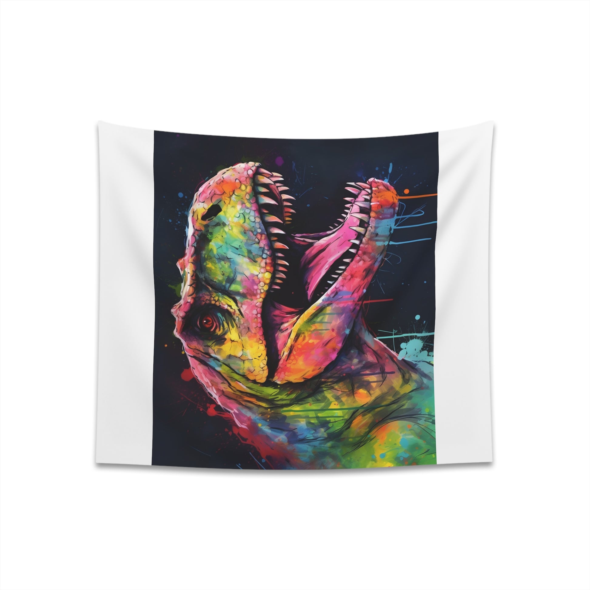 "Neon Roar T-Rex Watercolor Tapestry - Vibrant dino art, perfect statement piece, high-quality material"