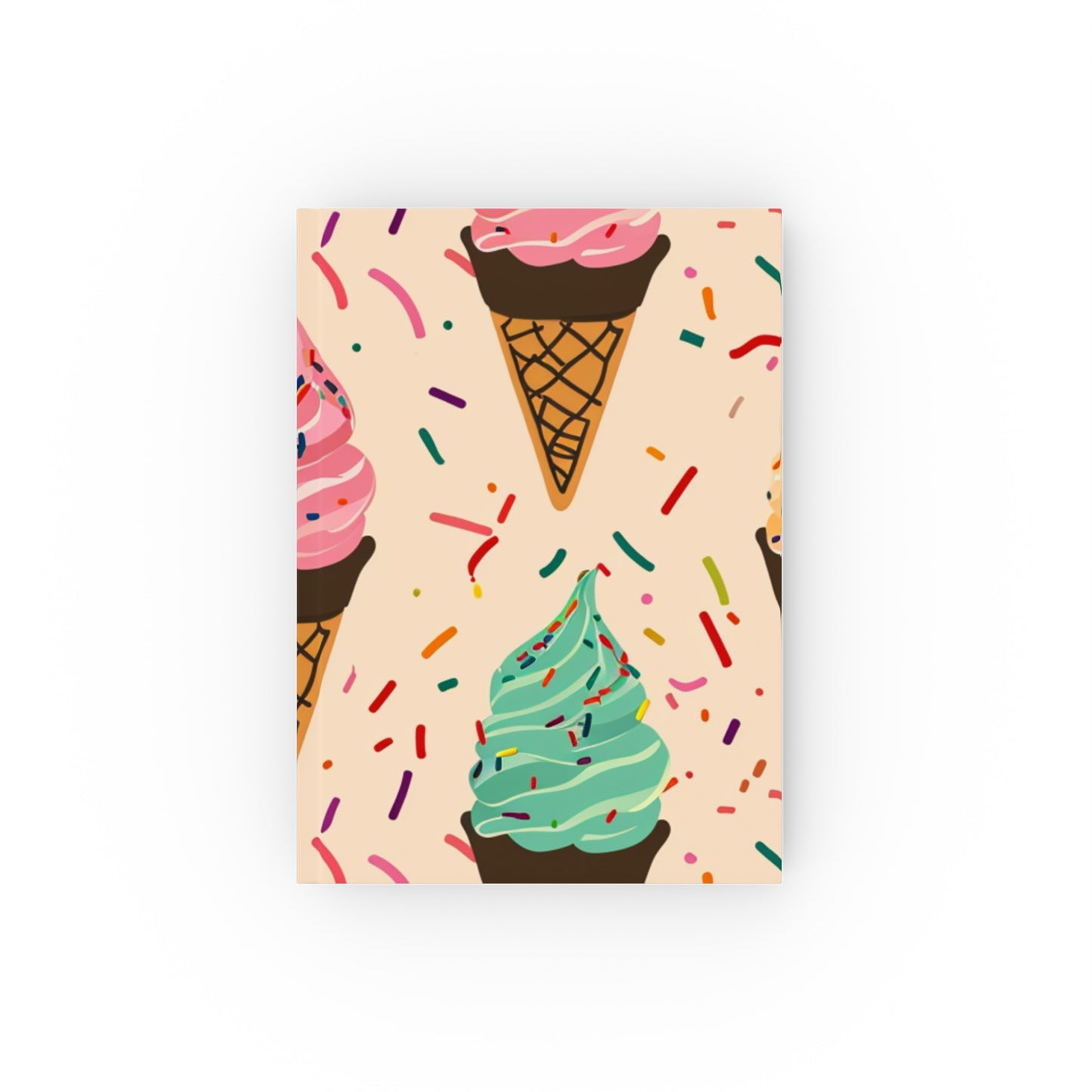 "Sweet Dreams Ice Cream Lover's Journal - Indulge in this stylish journal featuring mouthwatering ice cream cones and bright sprinkles. Perfect for all seasons and makes a great gift!"