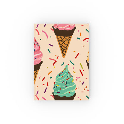 "Sweet Dreams Ice Cream Lover's Journal - Indulge in this stylish journal featuring mouthwatering ice cream cones and bright sprinkles. Perfect for all seasons and makes a great gift!"