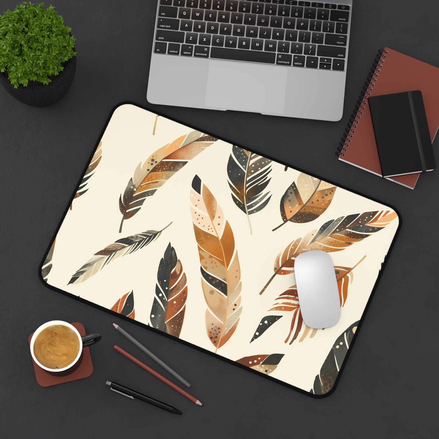 Boho Feathers Desk Mat - Elevate your workspace with bohemian style desk decor featuring a seamless feather pattern