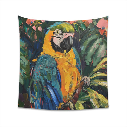 "Parrot Paradise Tropical Tapestry: Vibrant parrot surrounded by lush foliage, high-quality material. Perfect gift!"