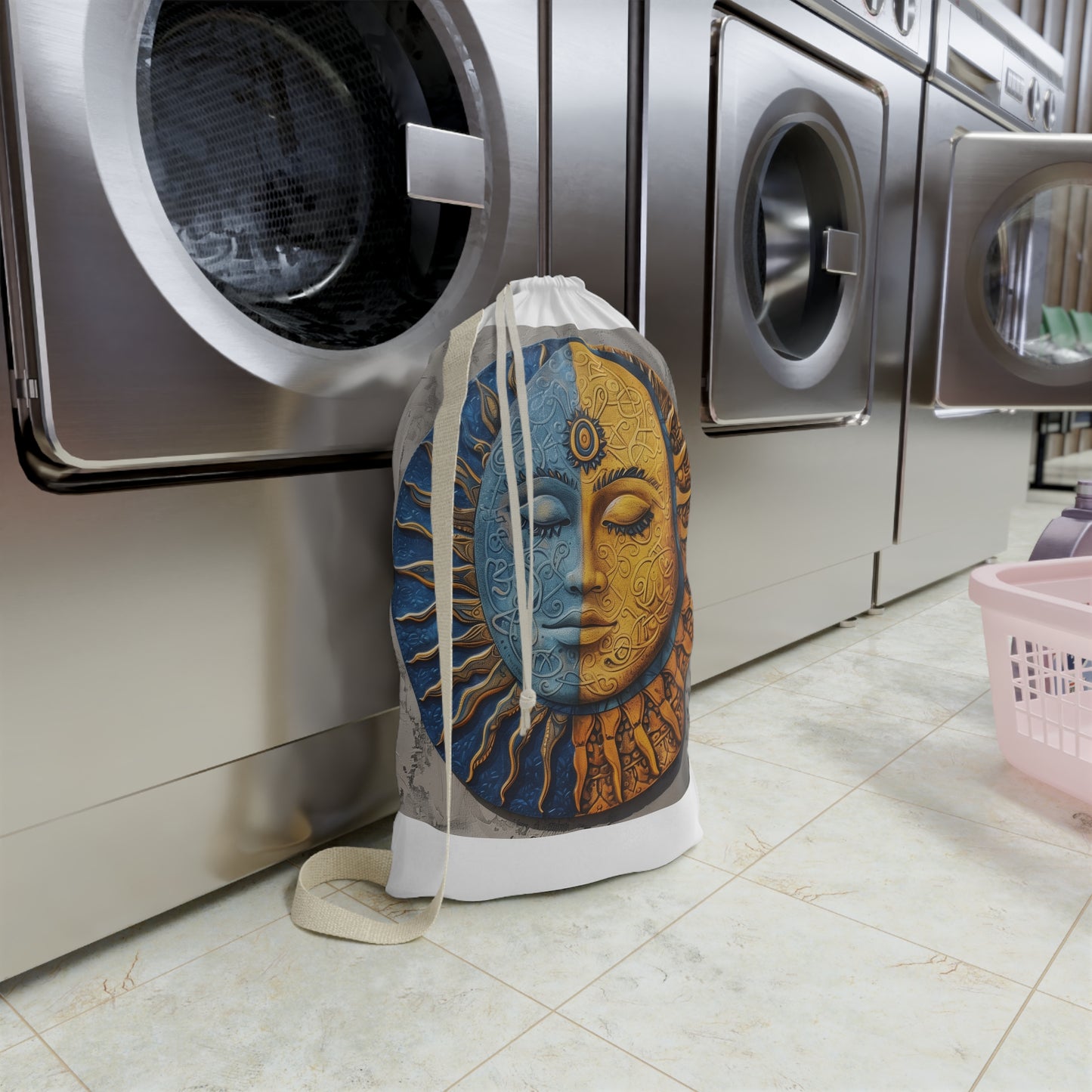 "Colorful Mandala Sun & Moon Laundry Bag for celestial-inspired laundry organization"