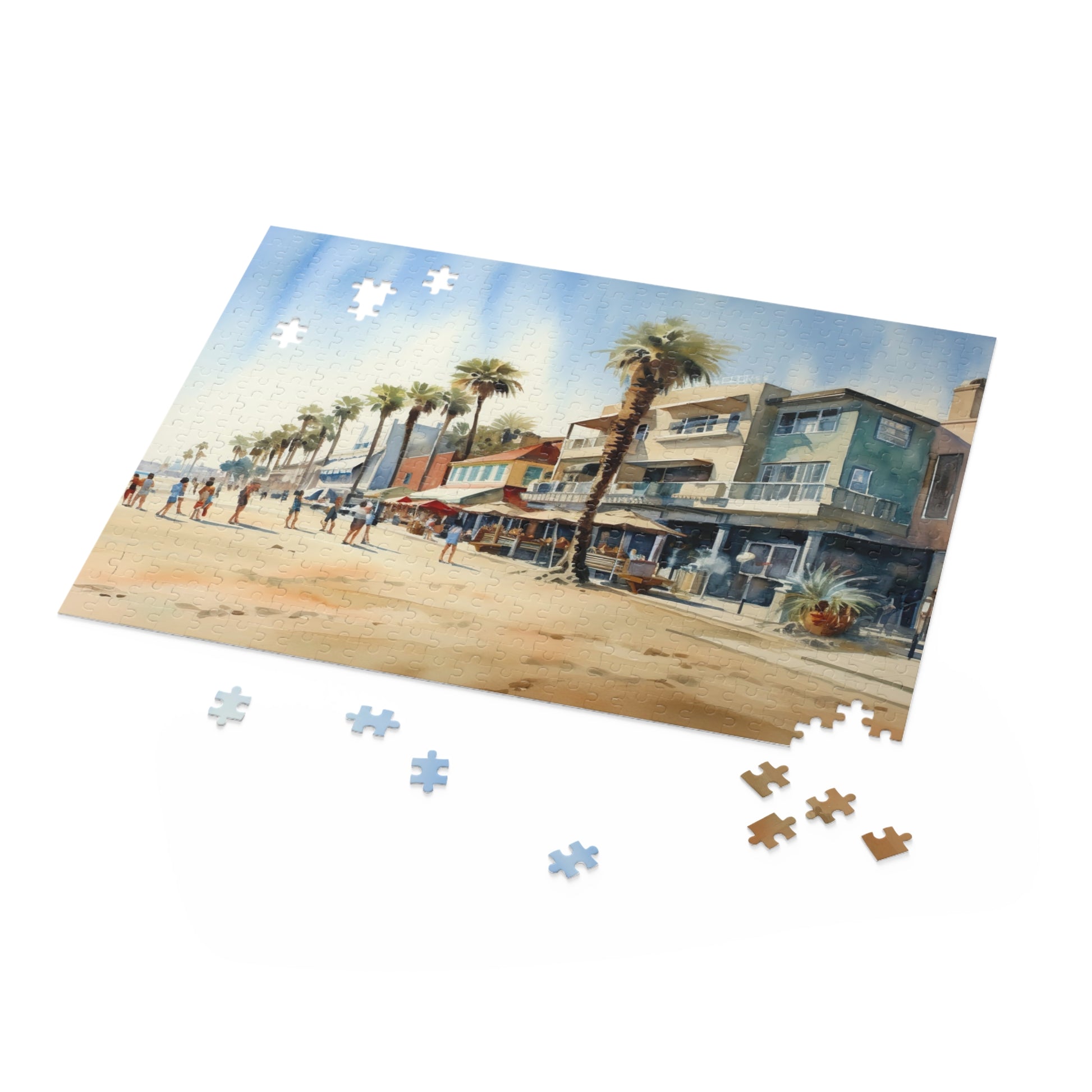 "Venice Beach jigsaw puzzle with vibrant boardwalk and palm trees, perfect for indoor relaxation"