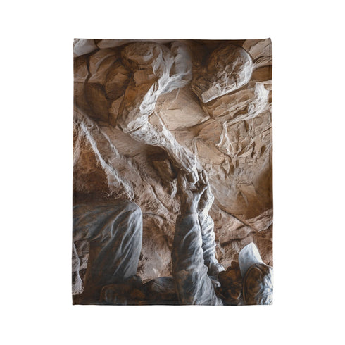 Warrior Carving Time into Rock Wall — Plush Fleece Throw Blanket — Product Detail View 10