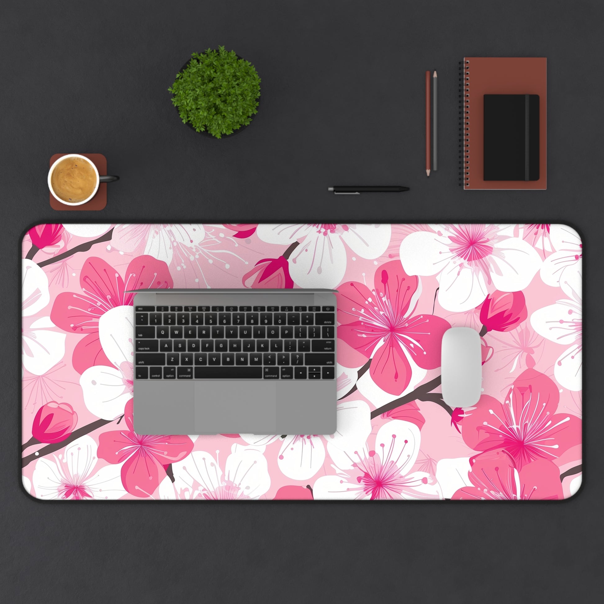 "Cherry Blossom Desk Mat - Elegant pink and white petal pattern for tranquil workspace ambiance"