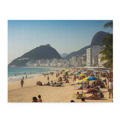 "Rio Beach Jigsaw Puzzle showcasing vibrant beach scene with Sugarloaf Mountain in background"