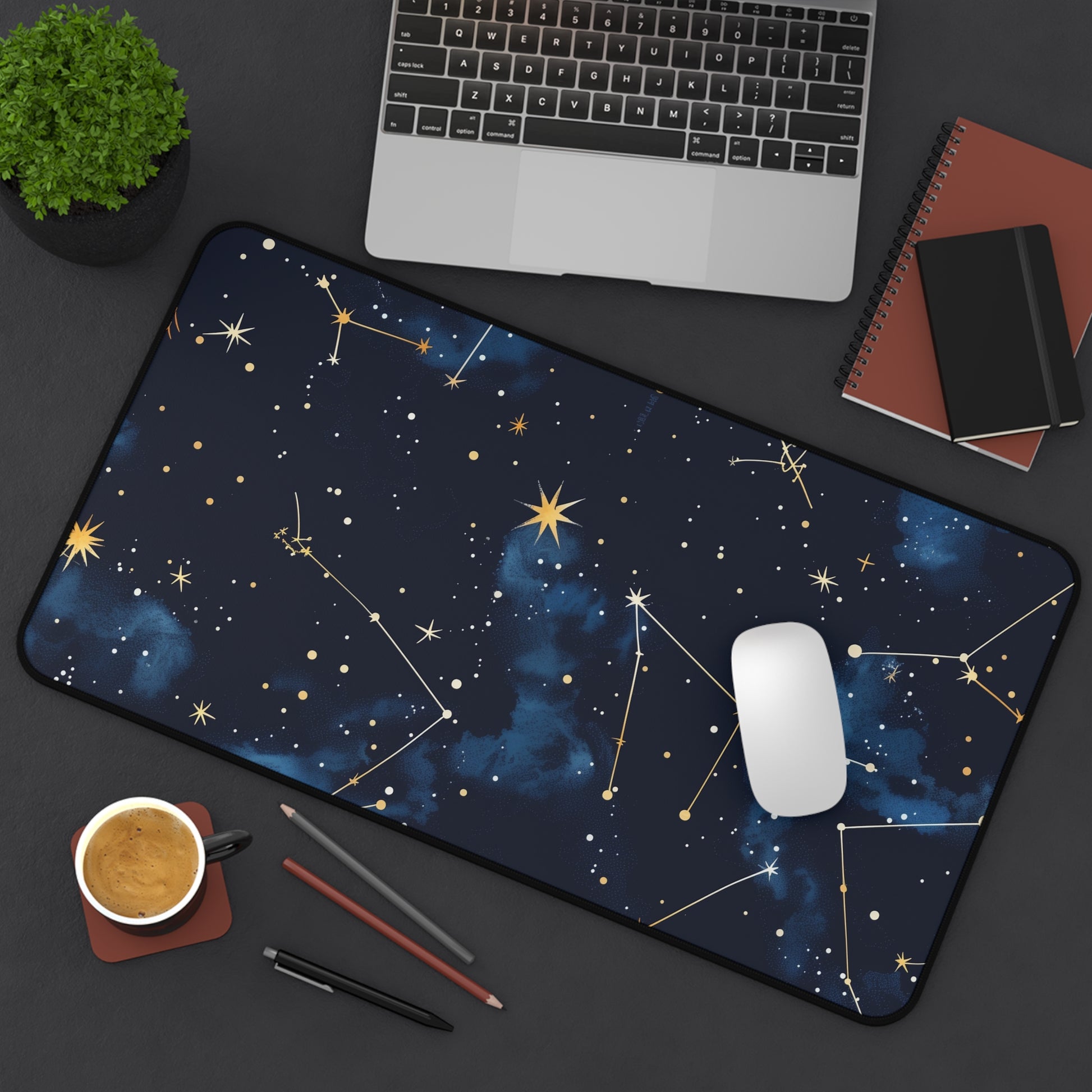 "Galactic Constellation Desk Mat - Celestial pattern for stylish workspace inspiration"