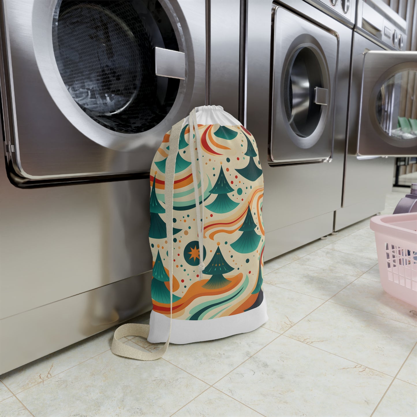 "Retro Marine Laundry Bag with 70s-inspired design for organized laundry routine"