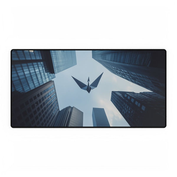 Paper Crane Soaring Above Skyscrapers — XL & XXL Desk Mat — Full Top-Down Artwork View