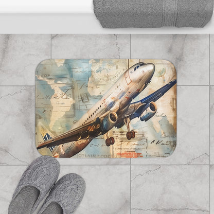 "Vintage-inspired Airborne Adventures Bath Mat with Classic Airplane Silhouette and Travel Stamps - High-Quality, Comfortable, and Stylish - Size 24" x 17" - Perfect Gift for All Seasons - Shop the Collection at BenCPrints"