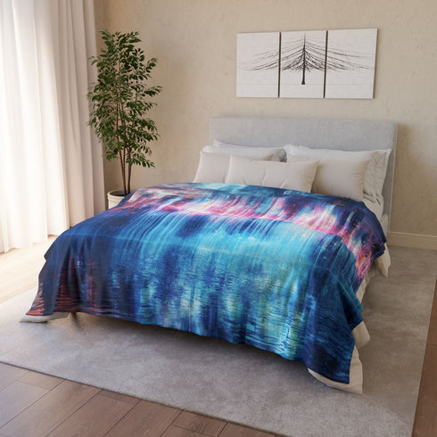 Digital Waterfall Cascading Across Skyline — Plush Fleece Throw Blanket — Product Detail View 12