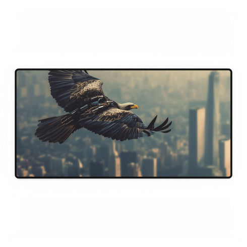Robotic Eagle Soaring Above City — XL & XXL Desk Mat — Full Top-Down Artwork View