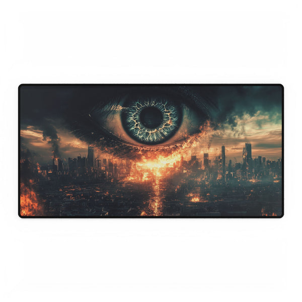 Giant Eye Above a Burning City — XL & XXL Desk Mat — Full Top-Down Artwork View