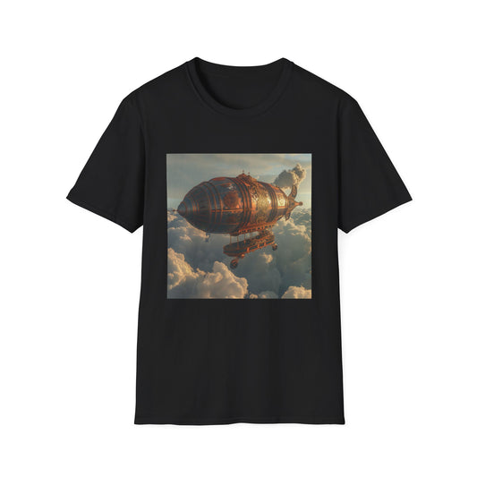Alt text: "Above the Clouds: A Steampunk Airship Adventure t-shirt featuring a majestic airship soaring through the clouds, inspiring wonder and innovation with its intricate design. Made from soft, breathable fabric for comfort and style, perfect for imaginative adventures."