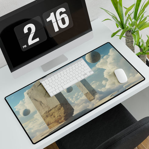 Surreal Dreamscape with Levitating Objects — XL & XXL Desk Mat — 3mm Non-Slip Natural Rubber Base Detail