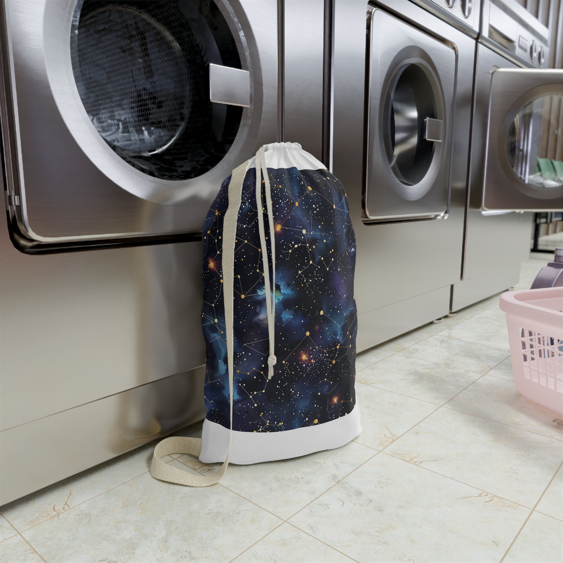 "Starry Night Laundry Bag with constellation stars pattern, stylish and practical"